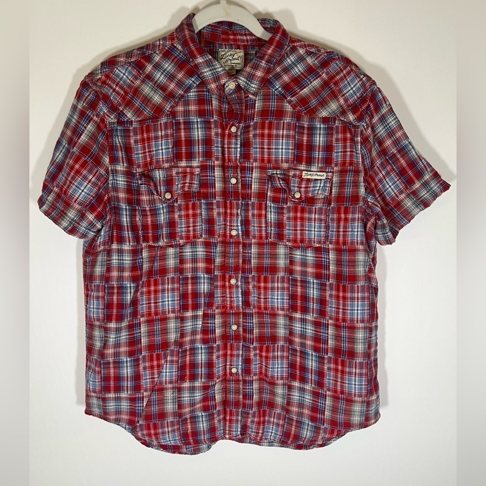 Vintage Y2K Lucky Brand American patchwork western SS pearl snap shirt XL cowboy